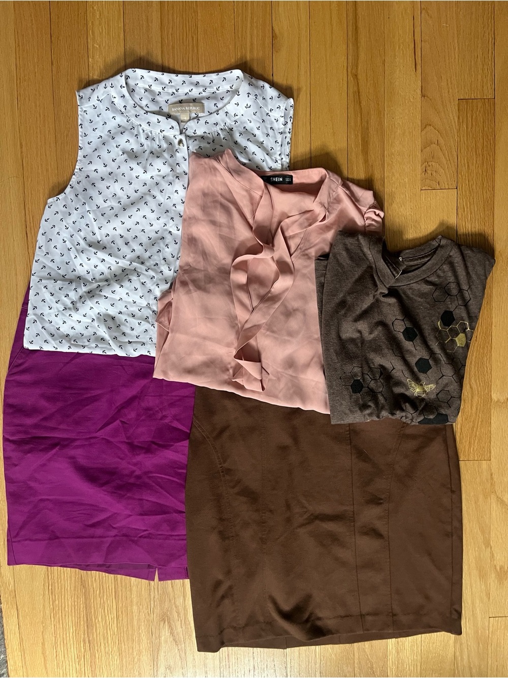 BUNDLE - Two pencil skirts with Pink Ruffle Blouse, anchors sleeveless top